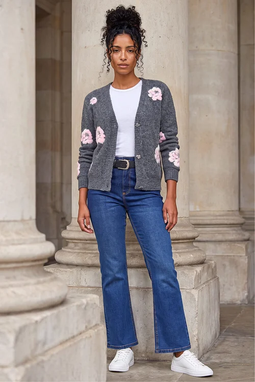 Roman Grey Embossed Floral Knit Cardigan - 14 Image 4