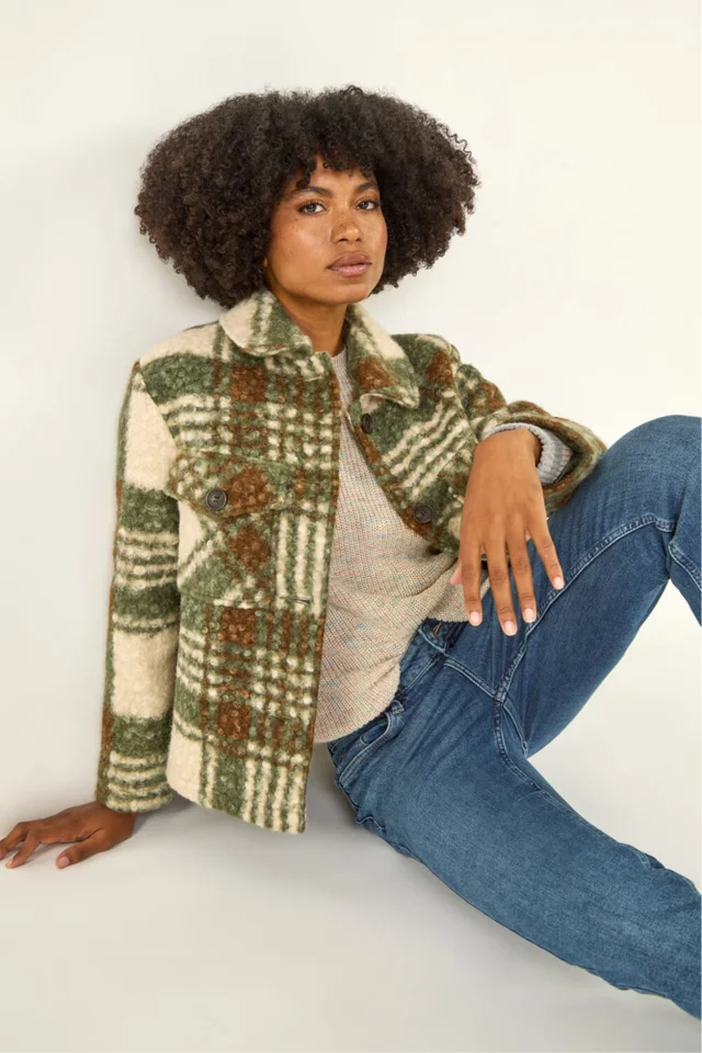 Roman Green Check Print Button Borg Jacket