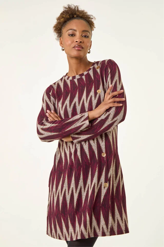 Roman Wine Zig Zag Buttoned Side Dress