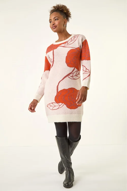 Roman Dark Orange Rose Print Knitted Shift Dress - Size 12 Image 2
