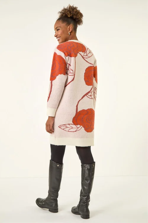 Roman Dark Orange Rose Print Knitted Shift Dress - Size 12 Image 3