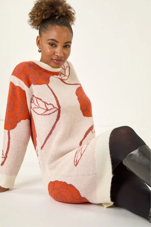 Roman Dark Orange Rose Print Knitted Shift Dress - Size 12 Image 1