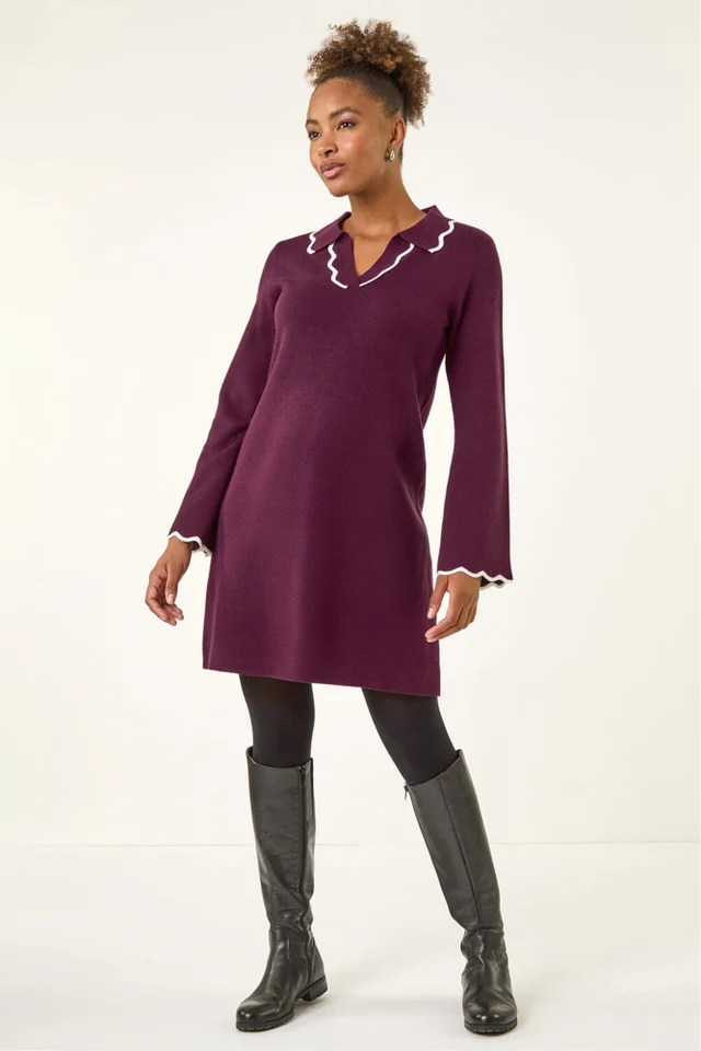 Roman Plum Scalloped Edge Knit Dress