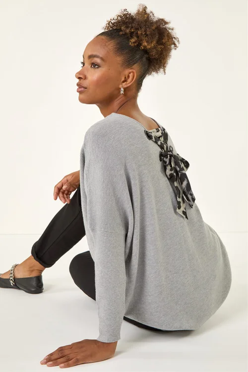 Roman Light Grey Animal Print Eyelet Back Knit Jumper - Small Image 1