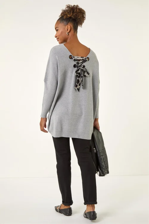 Roman Light Grey Animal Print Eyelet Back Knit Jumper - Small Image 3
