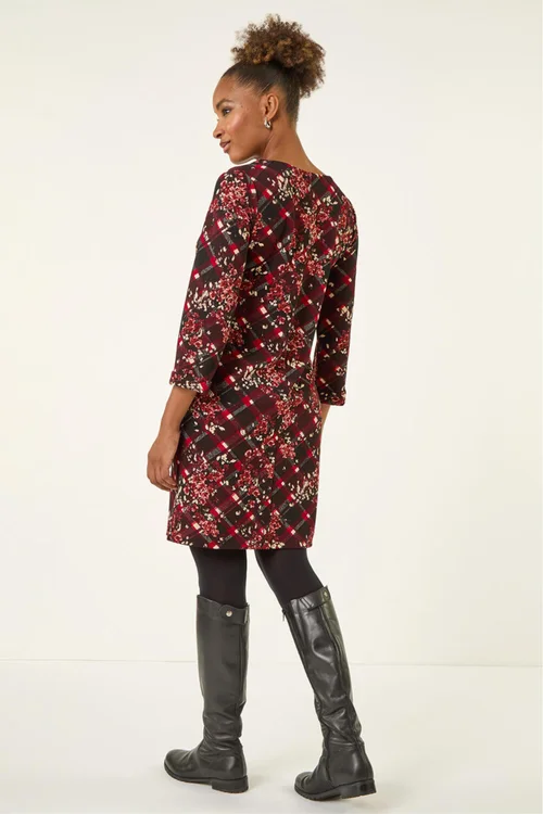 Roman Wine Floral Plaid Panel Shift Dress - 16 Image 3