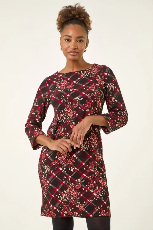 Roman Wine Floral Plaid Panel Shift Dress - 16 Image 2