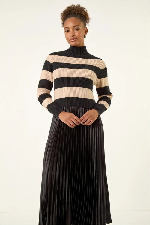 Roman Black Stripe Knit Pleated Dress - 16 Image 2