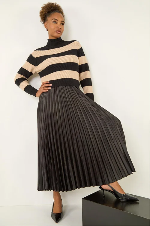 Roman Black Stripe Knit Pleated Dress - 16 Image 1