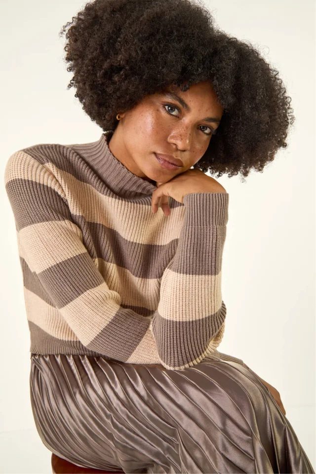 Roman Tan Stripe Knit Bodice Pleated Skirt Dress