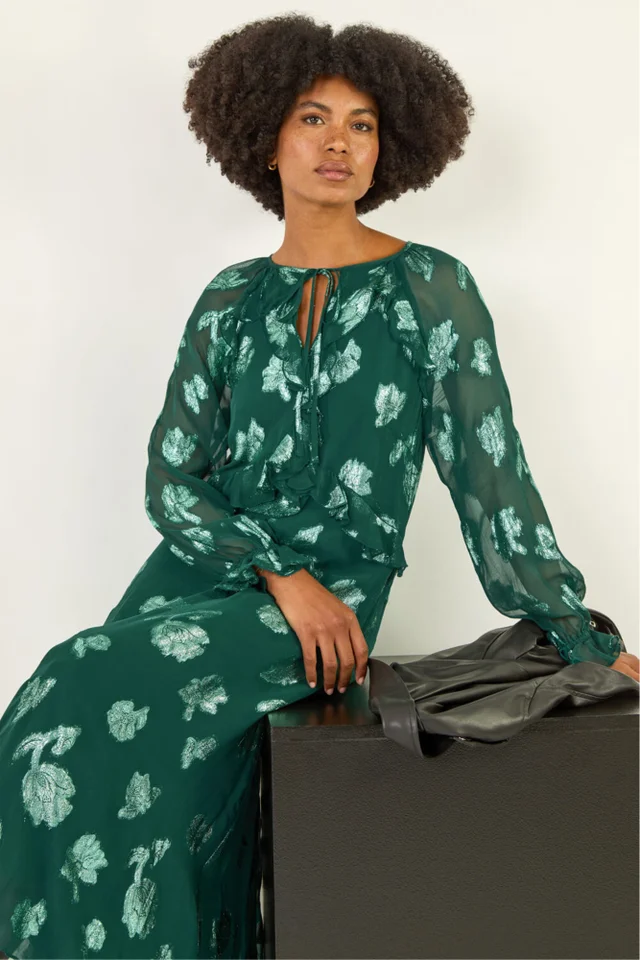 Roman Green Floral Brocade Frill Midi Dress