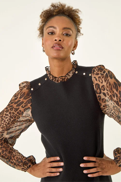 Roman Tan Animal Print Frill Knitted Dress - Size 16 Image 4