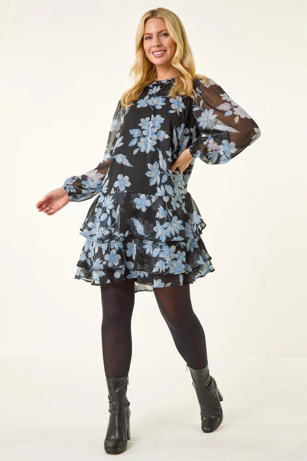 Roman Black Petite Floral Print Frill Swing Dress - 16 Image 2