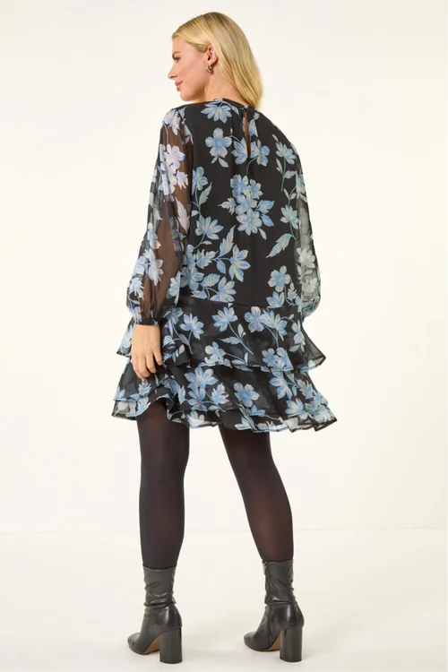 Roman Black Petite Floral Print Frill Swing Dress - 16 Image 3