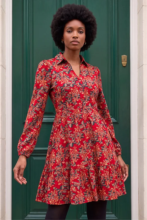 Roman Red Floral Print Button Stretch Dress - 10 Image 2