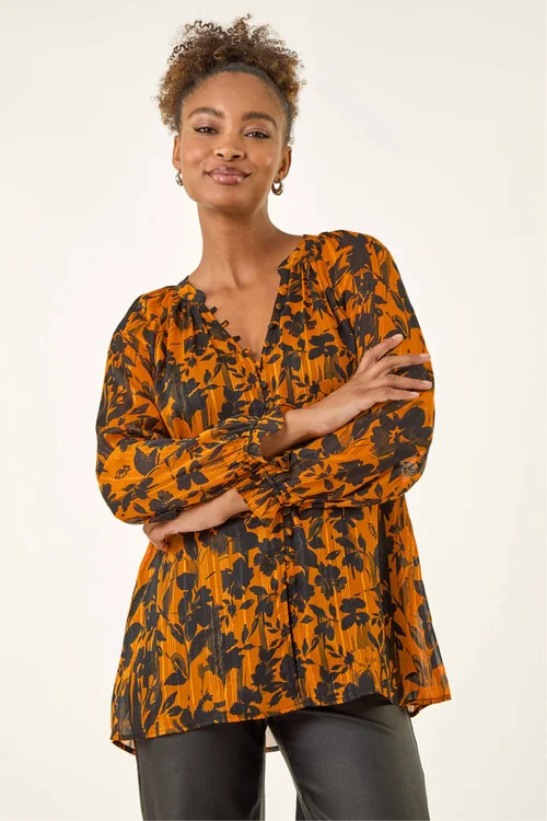 Roman Orange Metallic Floral Buttoned Blouse - Size 20 Image 4