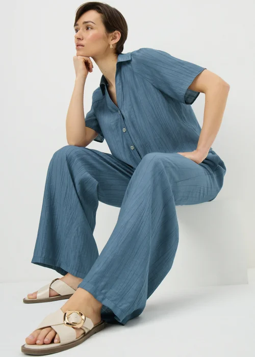 Blue Crinkle Textured Wide Leg Co Ord Trousers - 8 S Image 1
