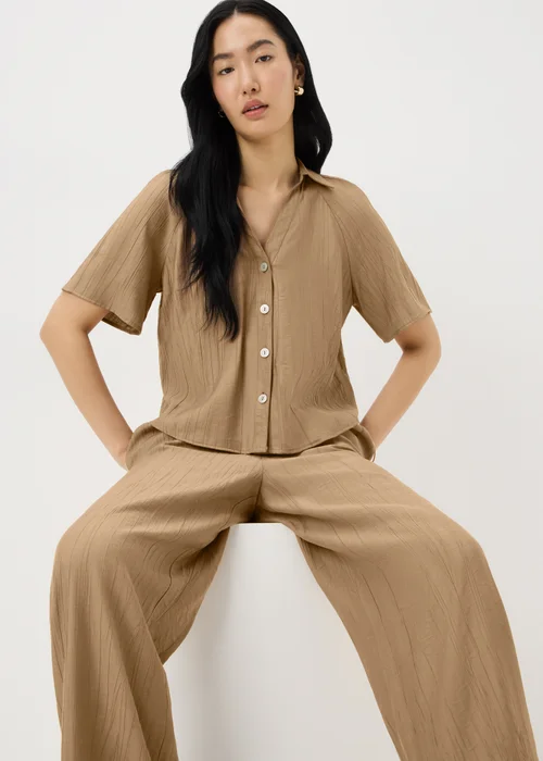 Caramel Crinkle Textured Wide Leg Co Ord Trousers - 8 S Image 1