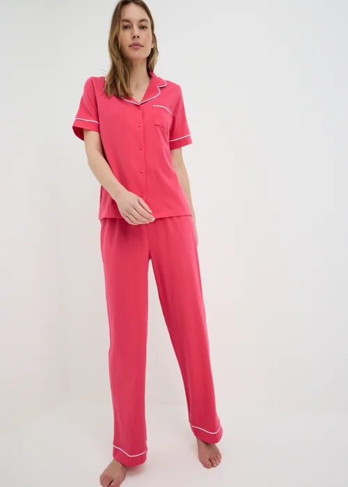 Pink Traditional Button Up Short Sleeve Pyjama - M Image 1