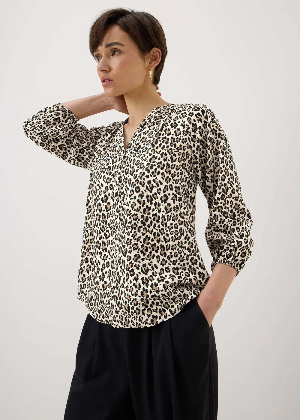 Brown Leopard Print 3/4 Sleeve Popover Blouse - 22 Image 1