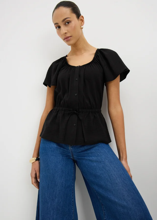 Black Angel Sleeve Tie Waist Shirt