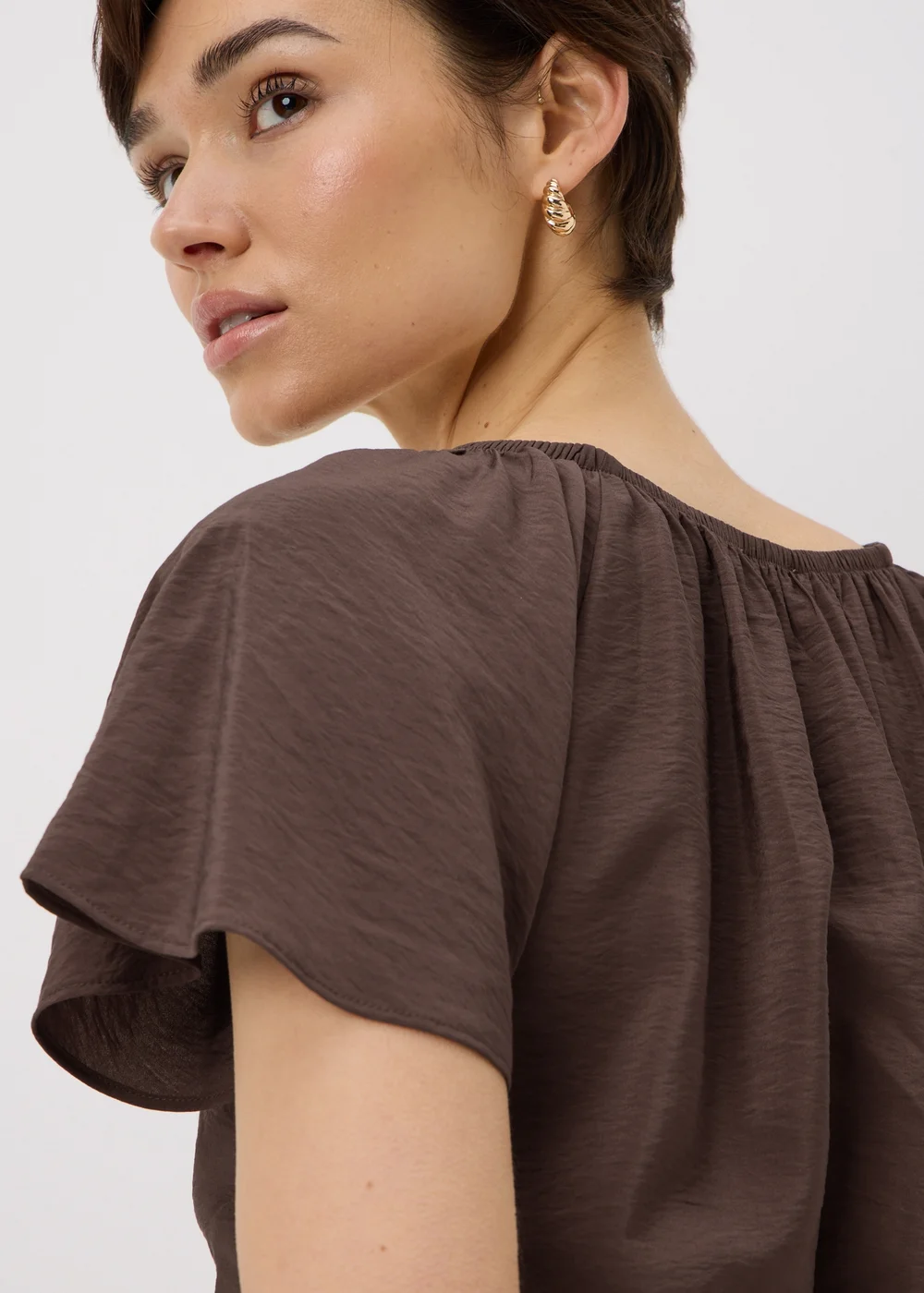 Chocolate Brown Angel Sleeve Tie Waist Shirt - 12 Image 1