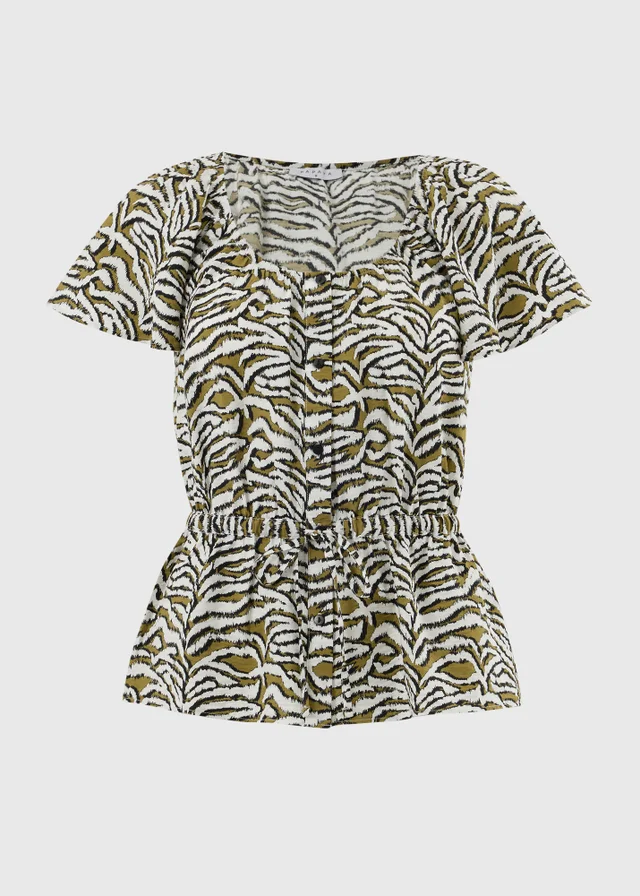 Khaki Zebra Print Angel Sleeve Tie Waist Shirt
