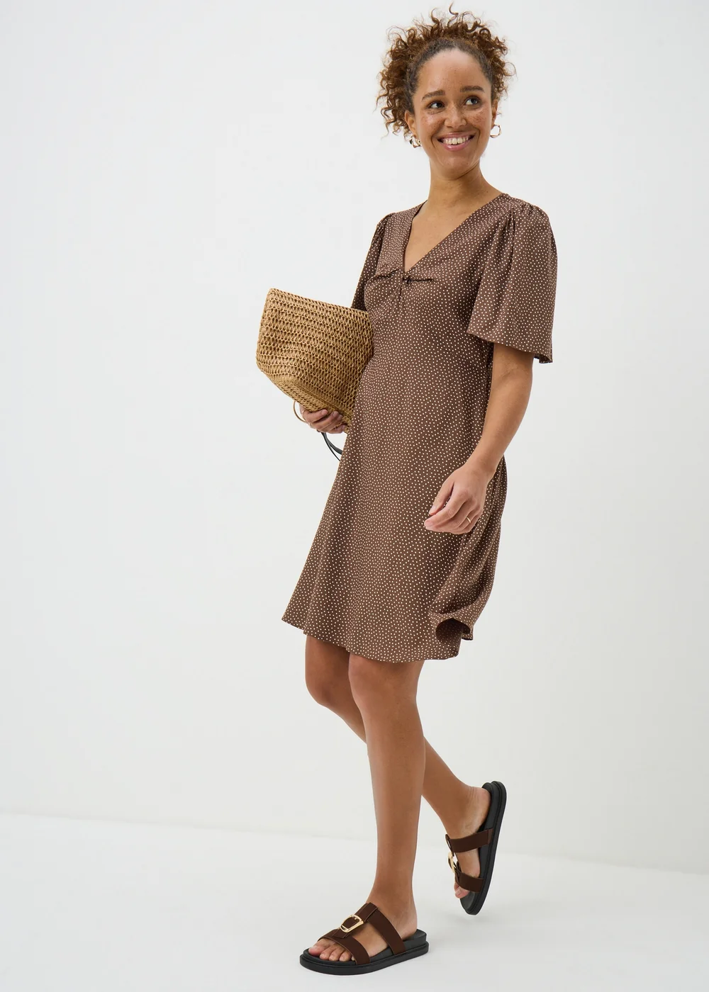 Chocolate Brown Spot Print Mini Tea Dress - 8 Image 1
