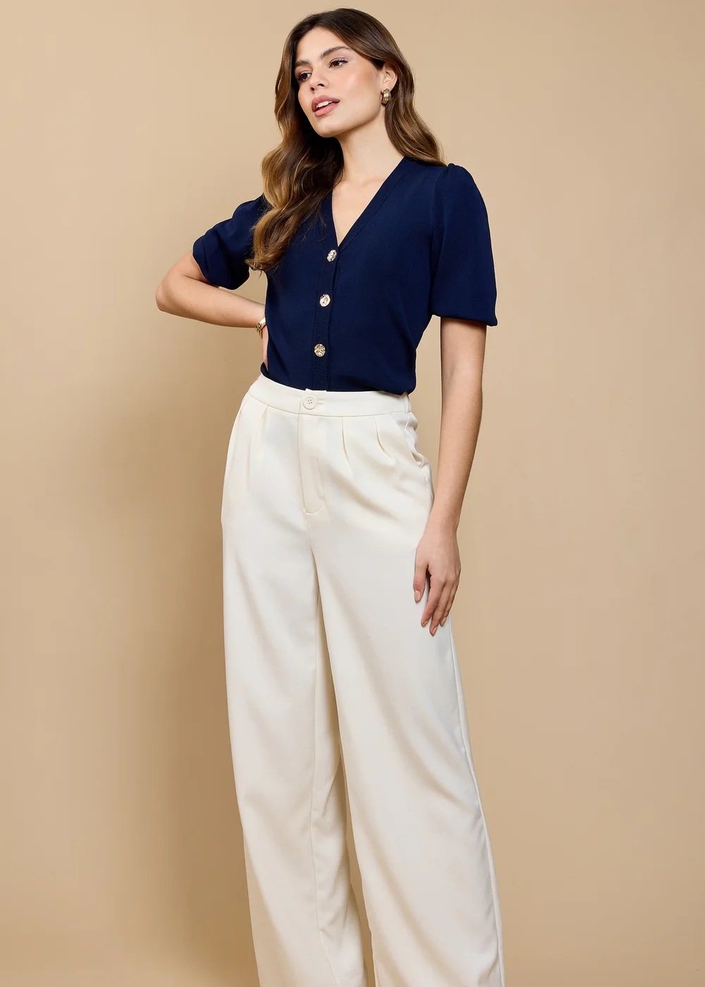 Little Mistress Cream Wide Leg Trousers by Vicky Pattison - 22 Image 2