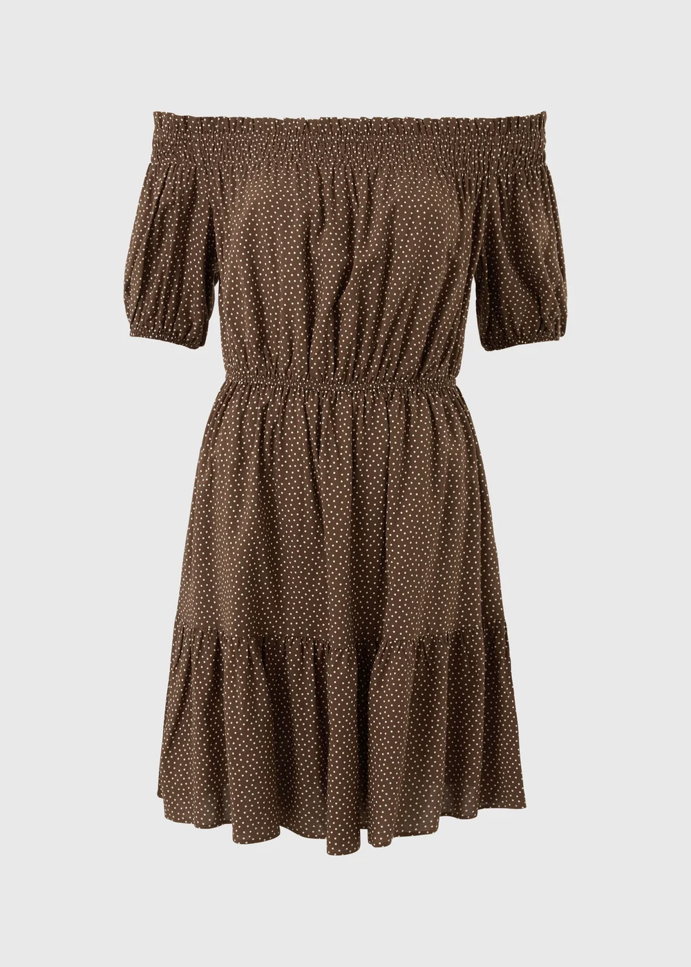 Brown Spot Print Bardot Mini Dress - Size 8 Image 1