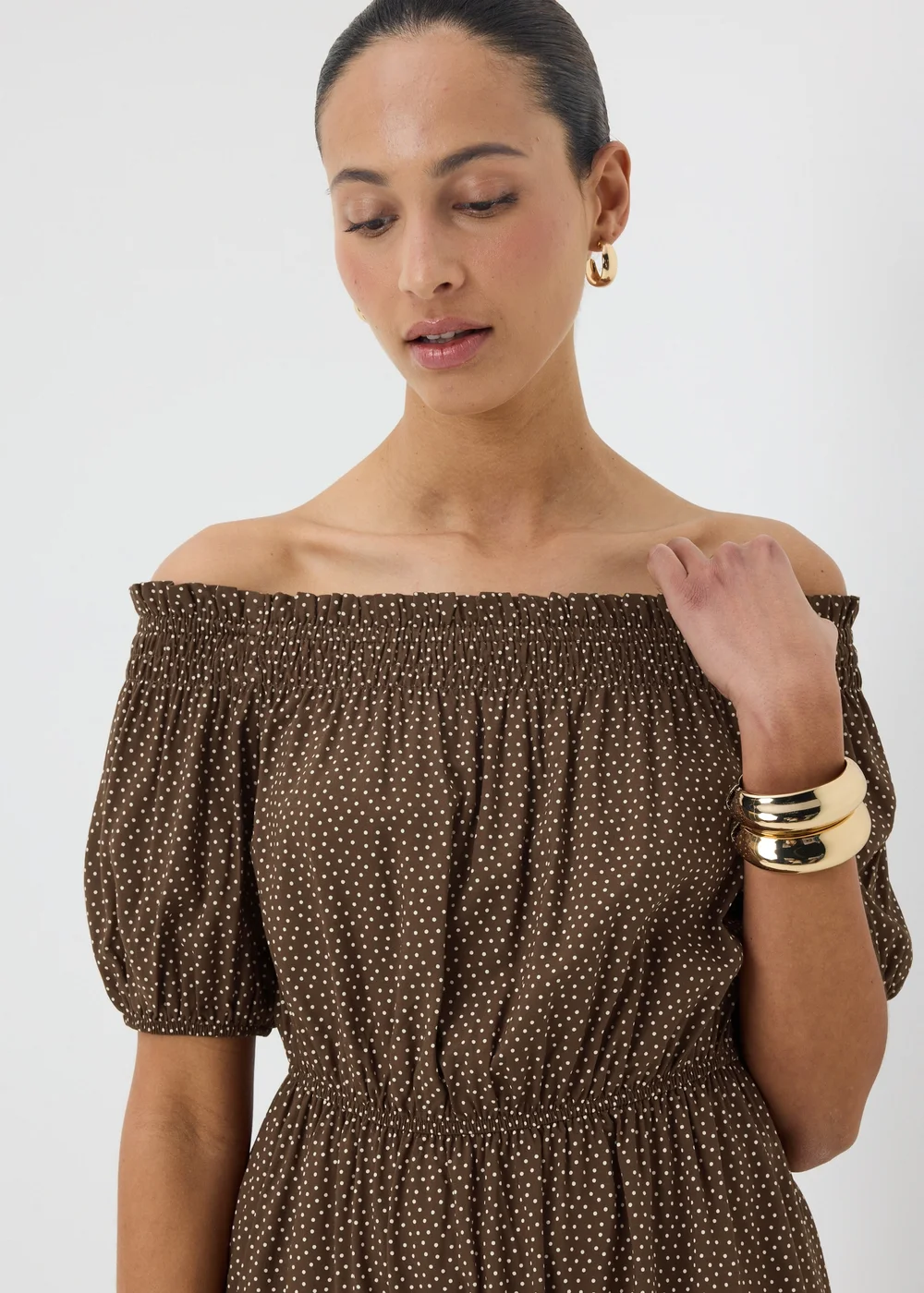 Brown Spot Print Bardot Mini Dress - 10 Image 3