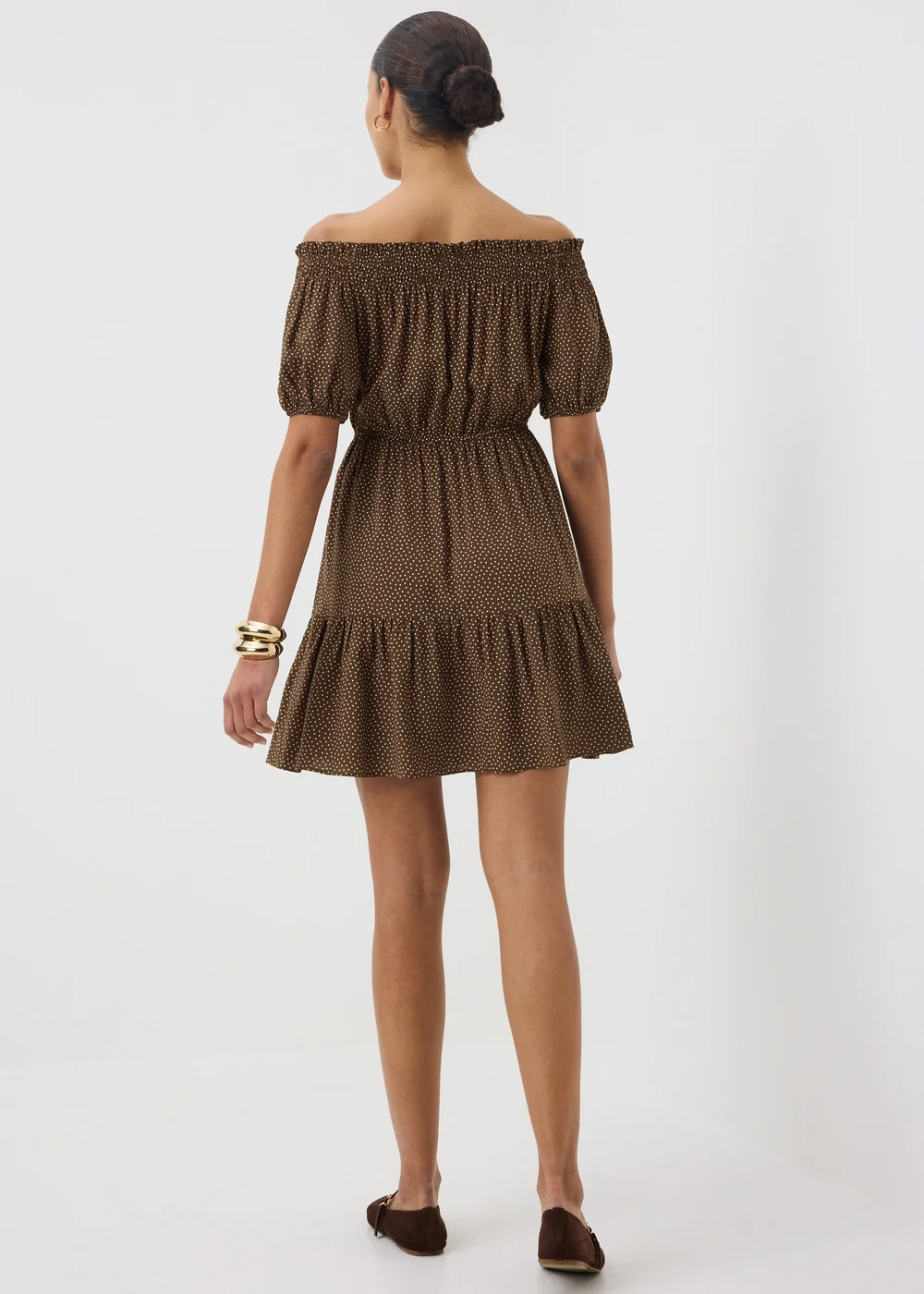 Brown Spot Print Bardot Mini Dress - 10 Image 2
