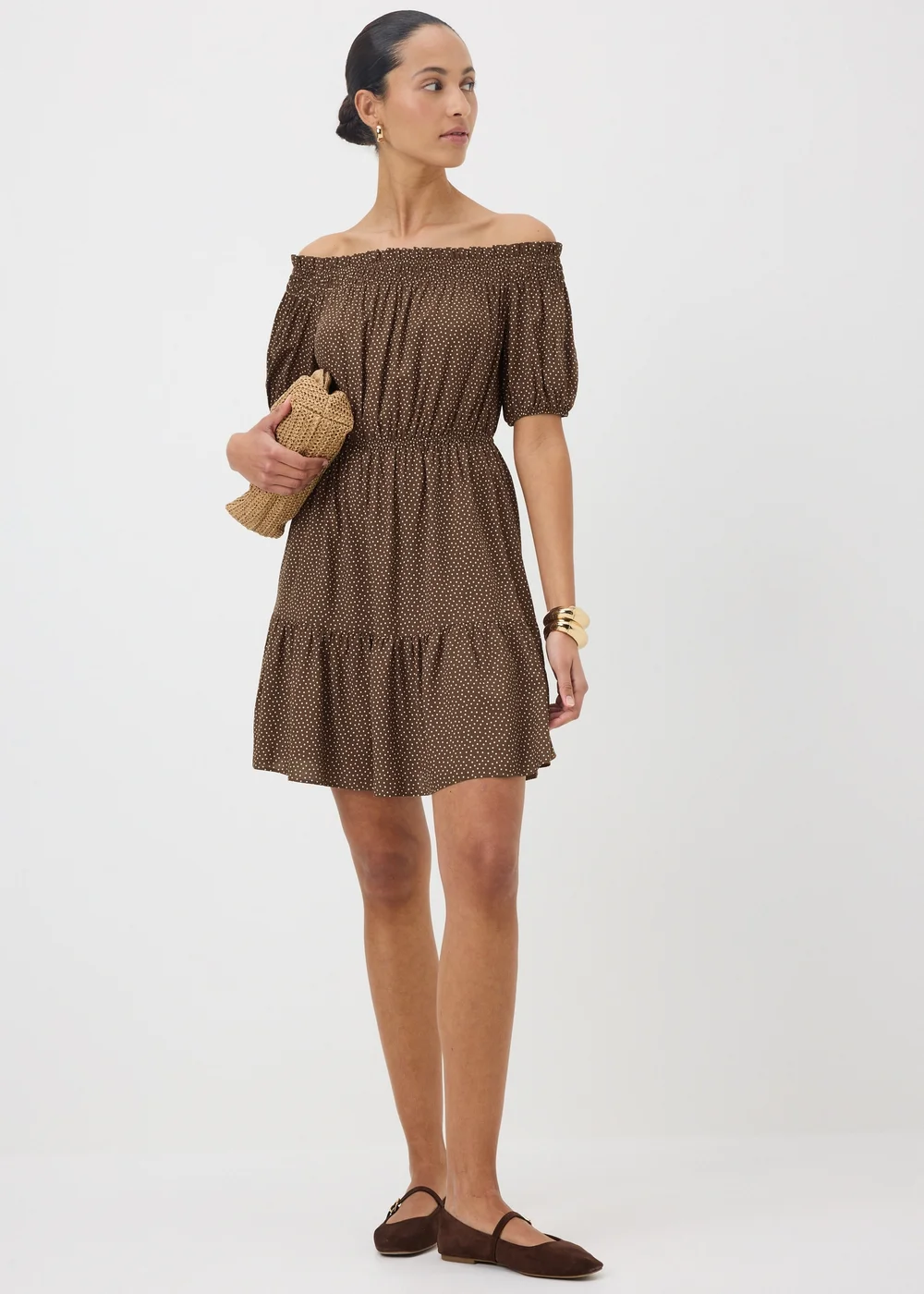 Brown Spot Print Bardot Mini Dress - 10 Image 1