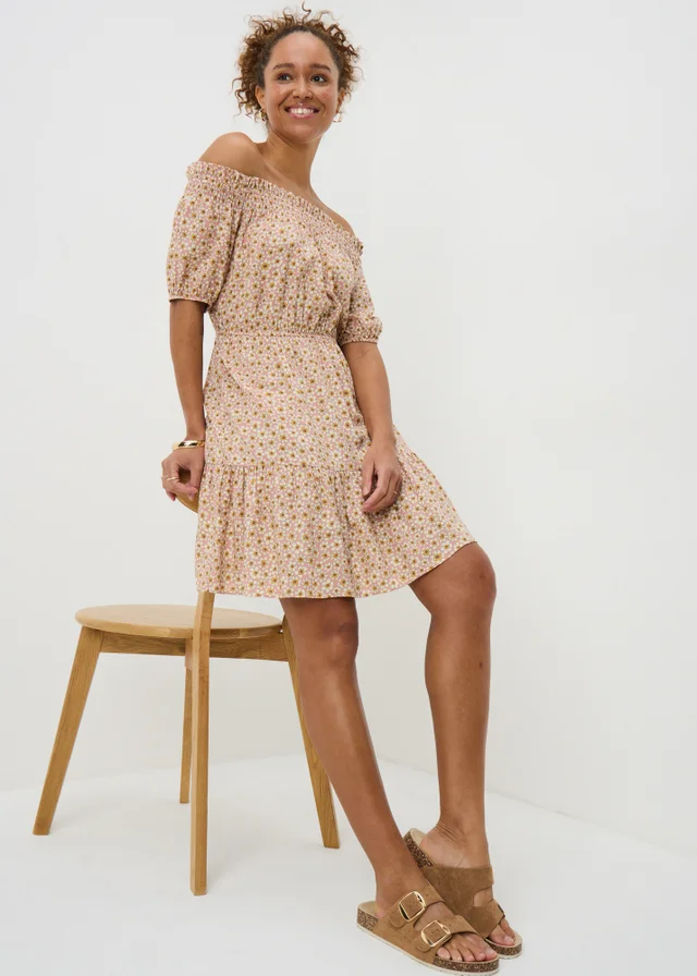 Pink Ditsy Floral Print Bardot Mini Dress
