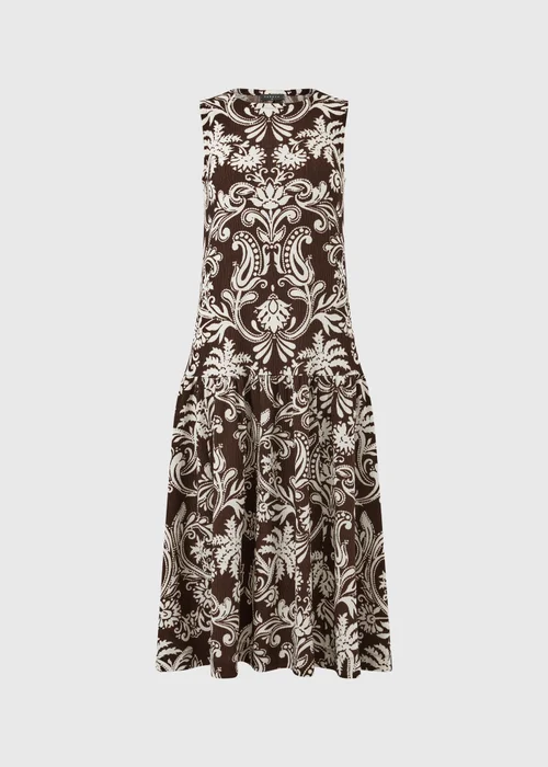 Chocolate Brown Abstract Print Drop Waist Jersey Midi Dress - 12 Image 4