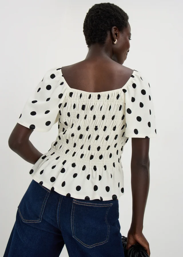 Cream Polka Dot Shirred Angel Sleeve Top