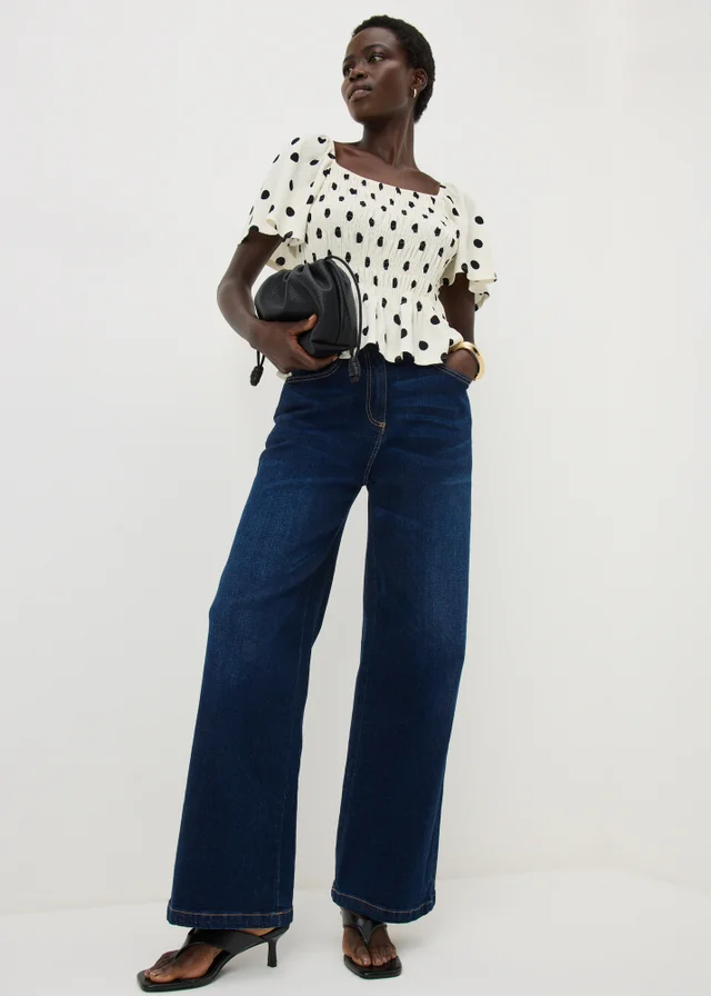 Cream Polka Dot Shirred Angel Sleeve Top