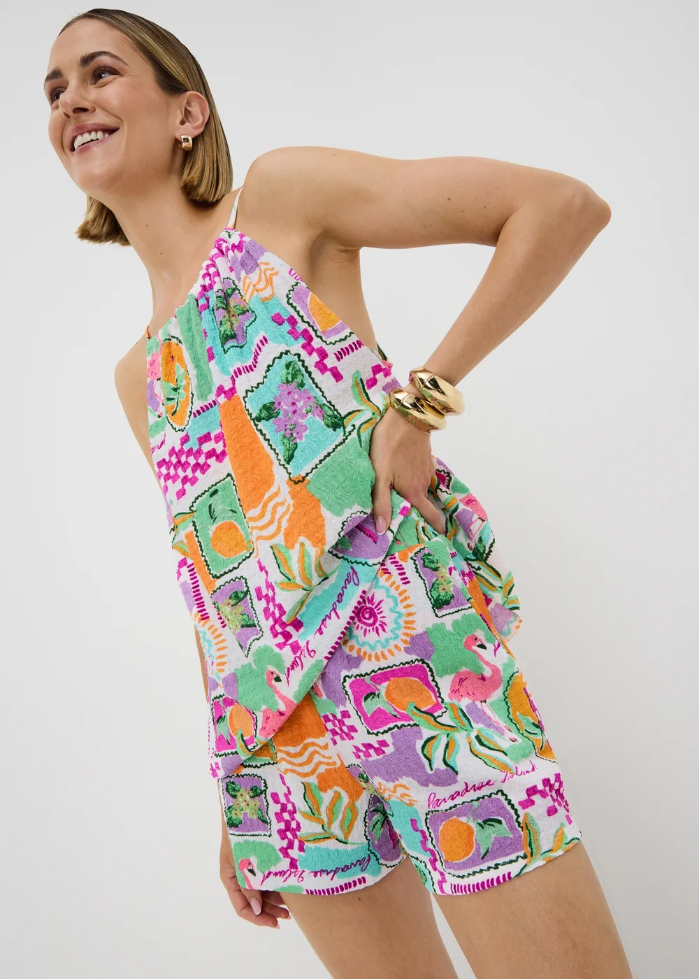 Multicolour Postcard Print Co Ord Beach Shorts - M Image 1