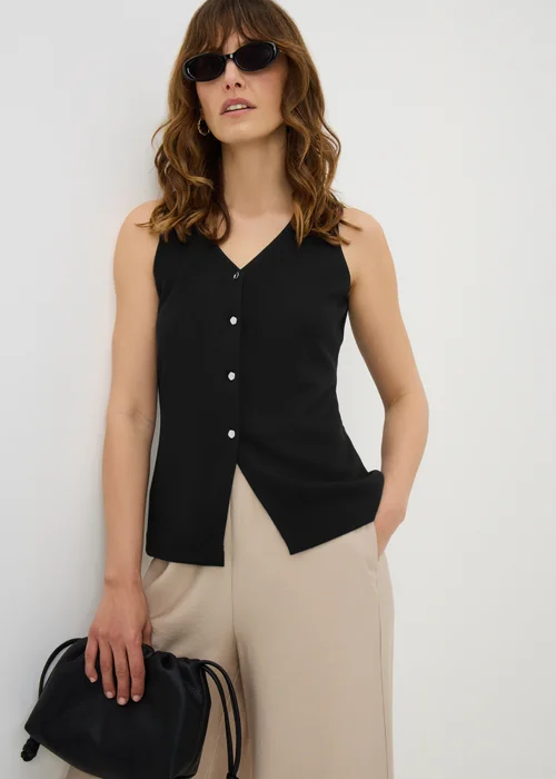 Black Ribbed Button Up Jersey Waistcoat - 18 Image 1