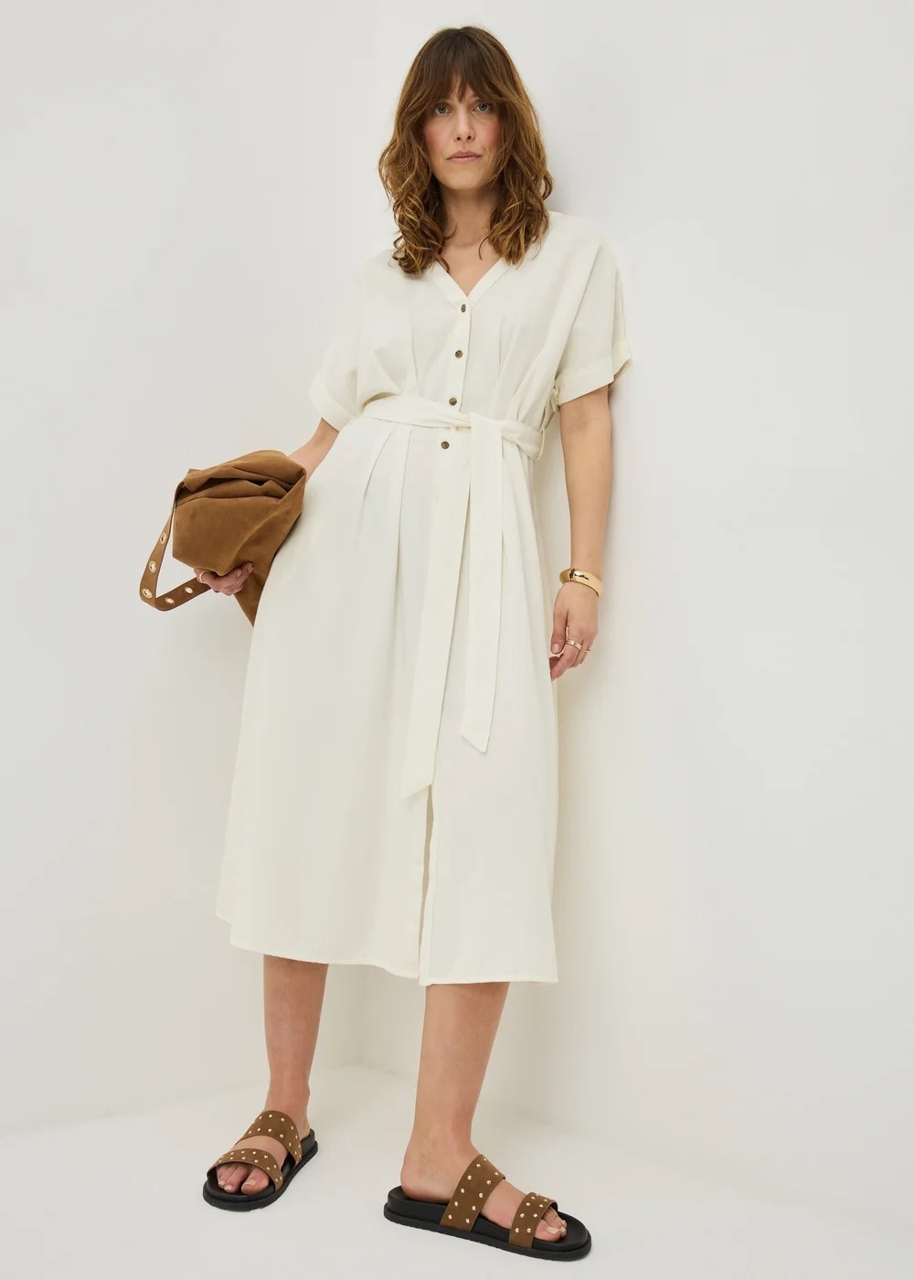 Ecru Denim Belted Shirt Midi Dress - 8 Image 1