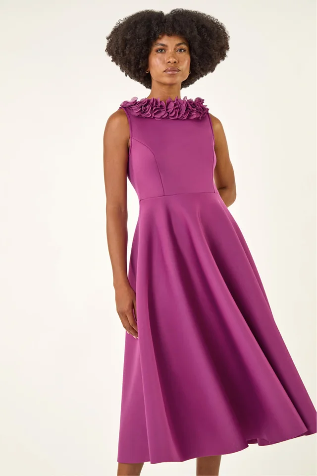 Roman Magenta Chiffon Flower Trim Premium Stretch Dress