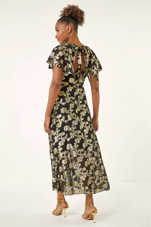 Roman Black Burnout Floral Frill Midi Dress - Size 16 Image 3
