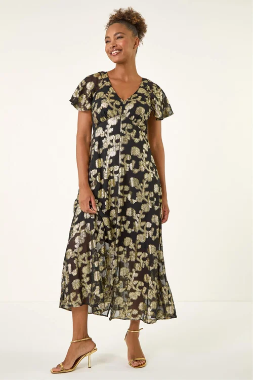 Roman Black Burnout Floral Frill Midi Dress - Size 16 Image 2