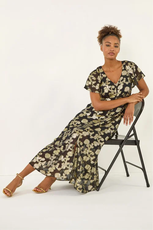 Roman Black Burnout Floral Frill Midi Dress - Size 16 Image 1