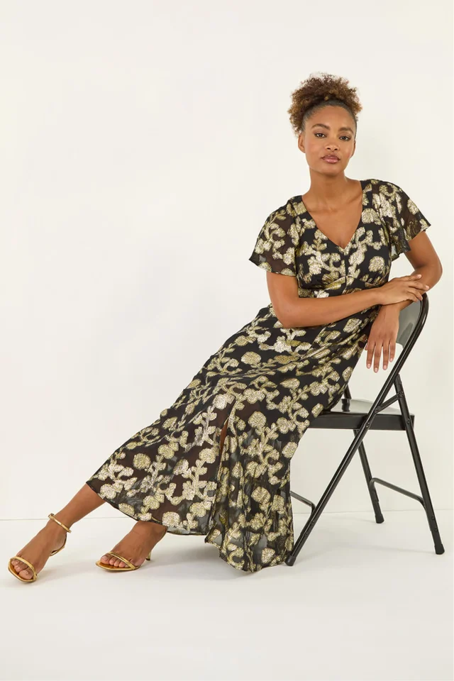 Roman Black Burnout Floral Frill Midi Dress