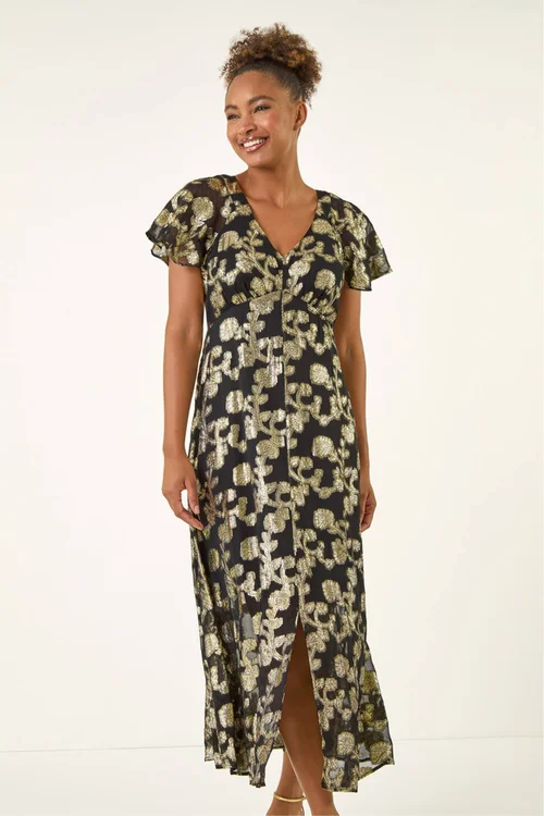Roman Black Burnout Floral Frill Midi Dress - Size 16 Image 4