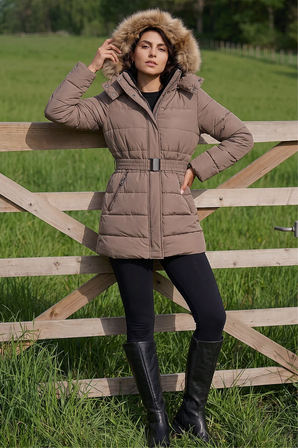 Roman Mocha Faux Fur Padded Belt Coat - 16 Image 3