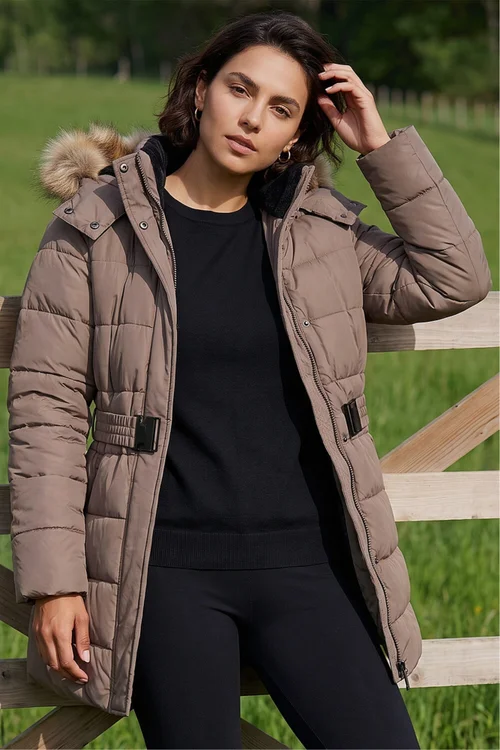 Roman Mocha Faux Fur Padded Belt Coat - 16 Image 2
