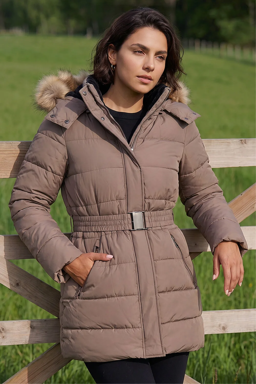 Roman Mocha Faux Fur Padded Belt Coat - 16 Image 1