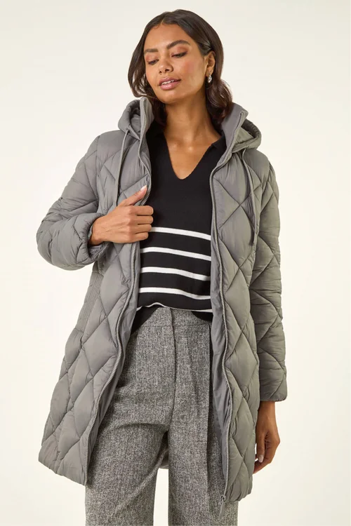 Roman Grey Diamond Quilt Padded Coat - 10 Image 3